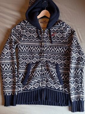 Hollister Men's Navy & White Fair Isle Hooded Zip-Up Sweater